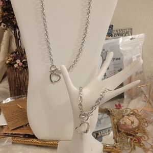 2pc Set Silver Stainless Steel Toggle Heart Pendant Necklace and Bracelet Set
